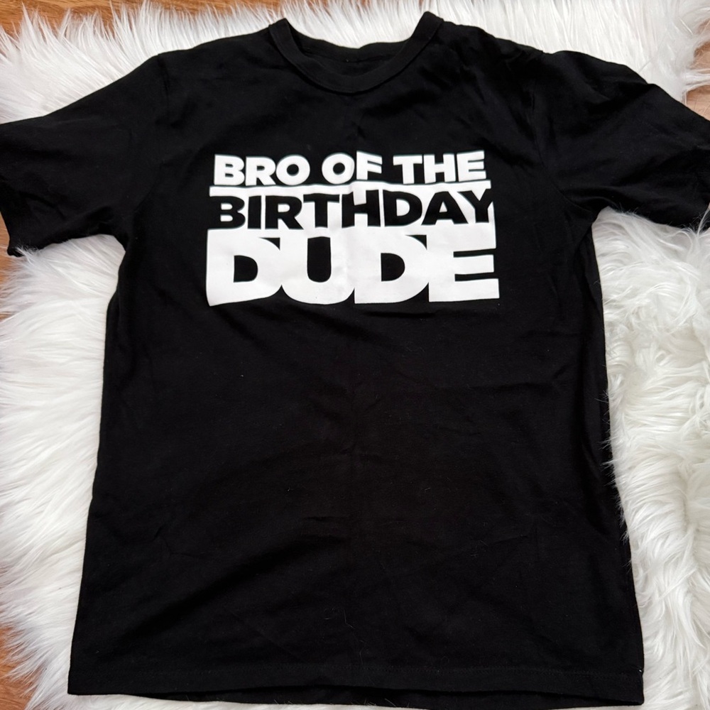 Place Black Tee with Bold White "Bro of the Birthday Dude" Graphic
